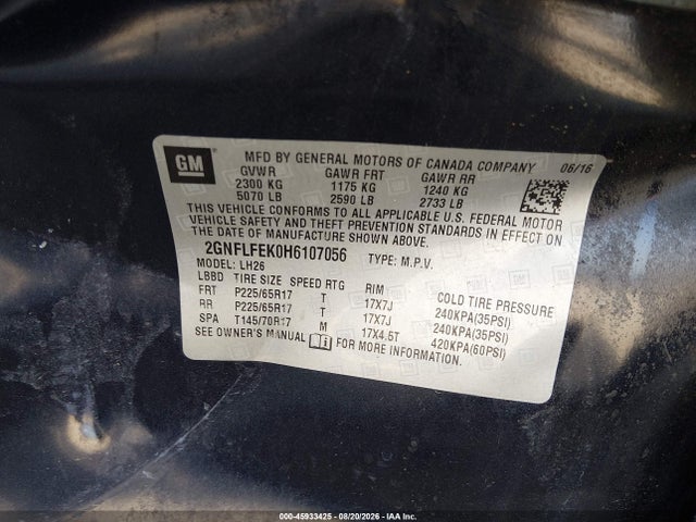Aukcja sprzedaży 2017 Chevrolet Equinox Lt, vin: 2GNFLFEK0H6107056, numer aukcji: 45933425