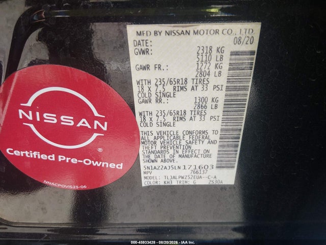 2020 Nissan Murano S Fwd მანქანა იყიდება აუქციონზე, vin: 5N1AZ2AJ5LN171603, აუქციონის ნომერი: 45933428