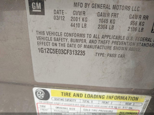 45933430 :رقم المزاد ، 1G1ZC5E03CF313235 vin ، 2012 Chevrolet Malibu 1lt مزاد بيع