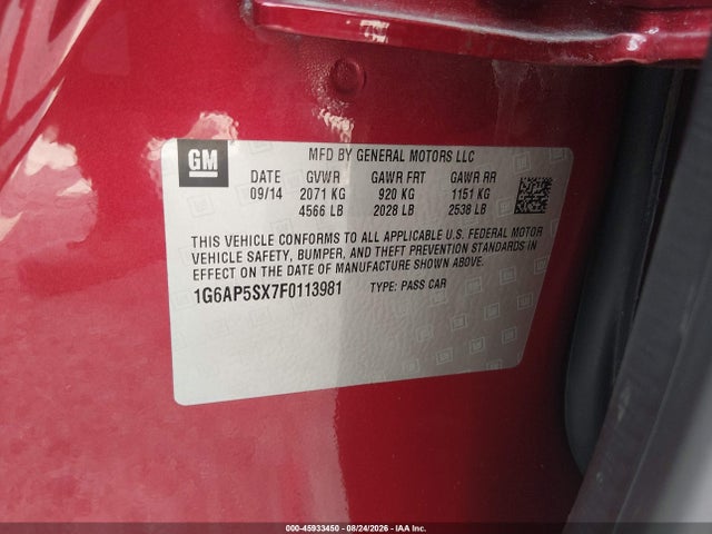 45933450 :رقم المزاد ، 1G6AP5SX7F0113981 vin ، 2015 Cadillac Cts Standard مزاد بيع