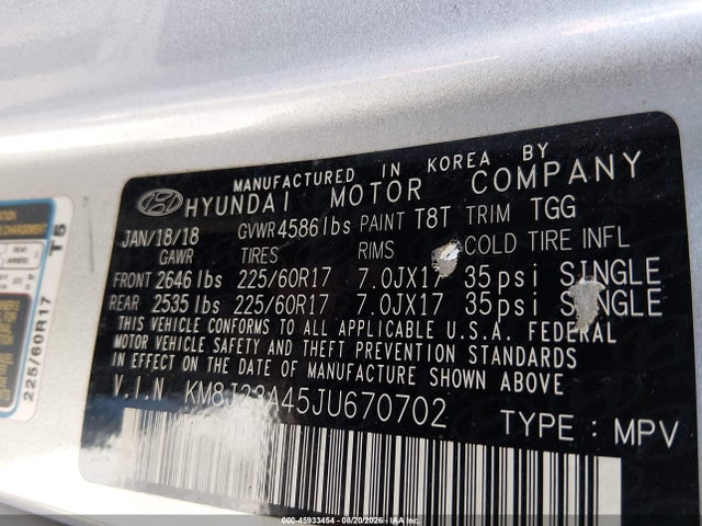 2018 Hyundai Tucson Se მანქანა იყიდება აუქციონზე, vin: KM8J23A45JU670702, აუქციონის ნომერი: 45933454