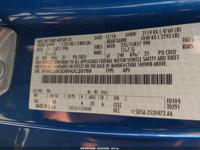 Aukcja sprzedaży 2017 Ford Escape Se, vin: 1FMCU9GD8HUC20789, numer aukcji: 45933455