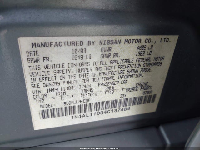 Продажа на аукционе авто 2004 Nissan Altima 2.5 S, vin: 1N4AL11D04C137484, номер лота: 45933459
