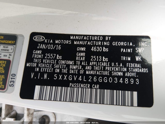 45933460 :رقم المزاد ، 5XXGV4L26GG034893 vin ، 2016 Kia Optima Sxl Turbo مزاد بيع