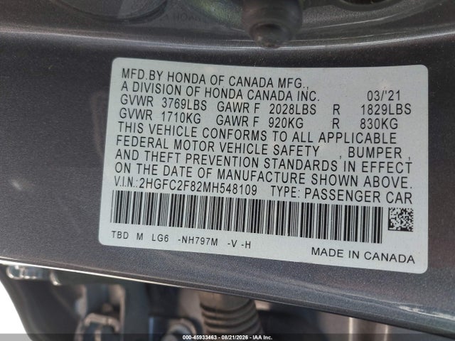 Honda Civic Sport 2021 2HGFC2F82MH548109 Image 9