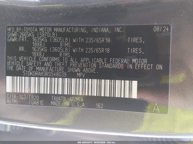Aukcja sprzedaży 2024 Toyota Highlander Xle, vin: 5TDKDRAH3RS548039, numer aukcji: 45933470