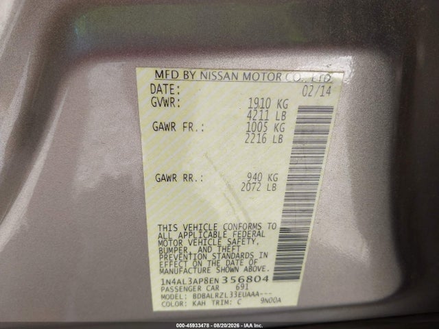 Продажа на аукционе авто 2014 Nissan Altima 2.5/2.5 S/2.5 Sl/2.5 Sv, vin: 1N4AL3AP8EN356804, номер лота: 45933478