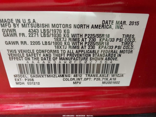 2015 Mitsubishi Outlander Sport Es მანქანა იყიდება აუქციონზე, vin: 4A4AR3AW0FE027864, აუქციონის ნომერი: 45933482