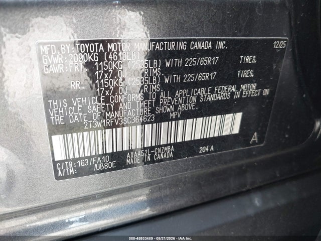 45933489 :رقم المزاد ، 2T3W1RFV3SC364623 vin ، 2025 Toyota Rav4 Xle مزاد بيع