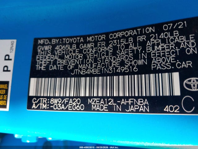 Aukcja sprzedaży 2022 Toyota Corolla Se, vin: JTNB4MBE1N3149516, numer aukcji: 45933515