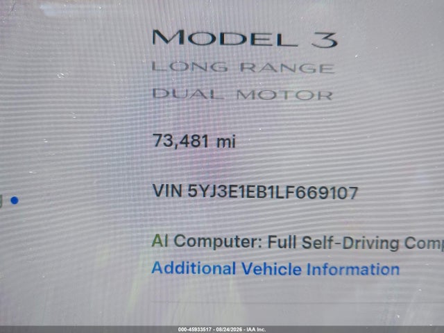 Aukcja sprzedaży 2020 Tesla Model 3 Long Range Dual Motor All-wheel Drive, vin: 5YJ3E1EB1LF669107, numer aukcji: 45933517