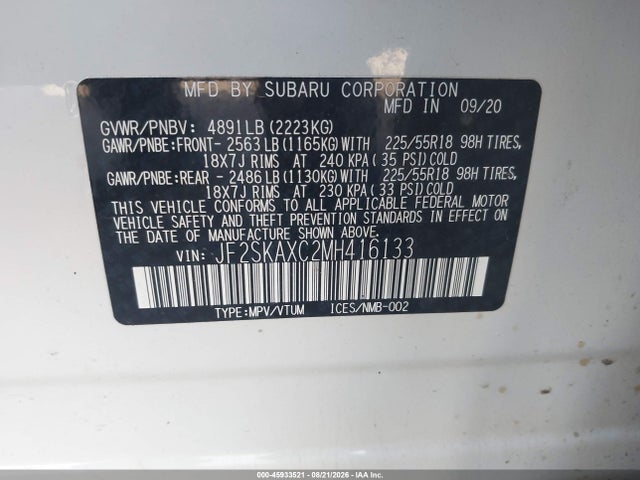 2021 Subaru Forester Touring მანქანა იყიდება აუქციონზე, vin: JF2SKAXC2MH416133, აუქციონის ნომერი: 45933521