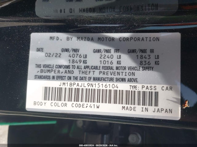 Продаж на аукціоні авто 2022 Mazda Mazda3 2.5 S, vin: JM1BPAJL9N1516104, номер лоту: 45933524