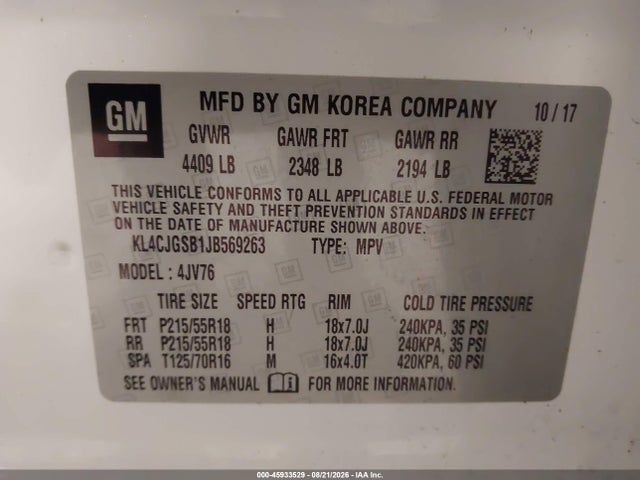 45933529 :رقم المزاد ، KL4CJGSB1JB569263 vin ، 2018 Buick Encore Essence مزاد بيع