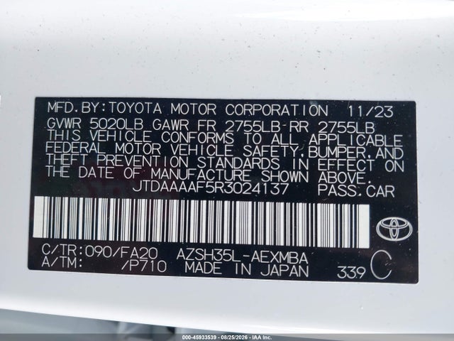 45933539 :رقم المزاد ، JTDAAAAF5R3024137 vin ، 2024 Toyota Crown Xle مزاد بيع