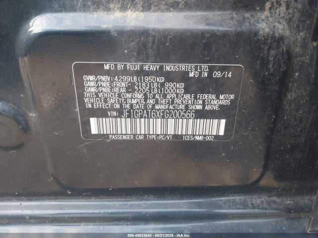 2015 Subaru Impreza 2.0i Sport Premium მანქანა იყიდება აუქციონზე, vin: JF1GPAT6XFG200566, აუქციონის ნომერი: 45933540