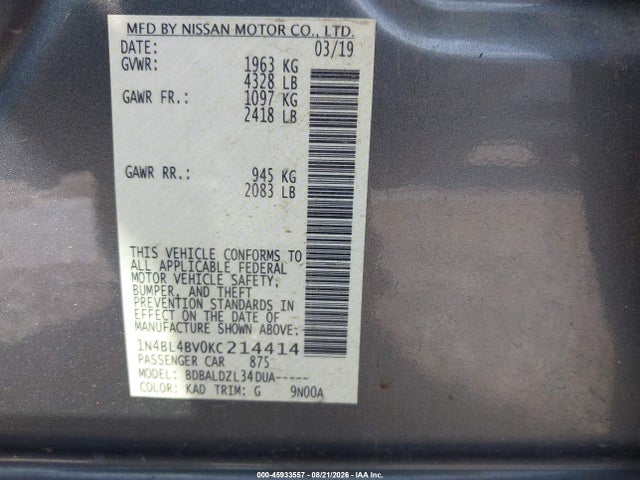 Продажа на аукционе авто 2019 Nissan Altima 2.5 S, vin: 1N4BL4BV0KC214414, номер лота: 45933557