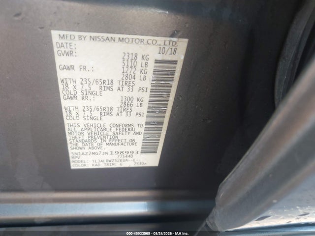 Aukcja sprzedaży 2018 Nissan Murano Sl, vin: 5N1AZ2MG7JN198993, numer aukcji: 45933569