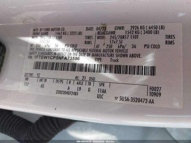 Aukcja sprzedaży 2022 Ford F-150 Xl, vin: 1FTEW1CP5NFA73596, numer aukcji: 45933570