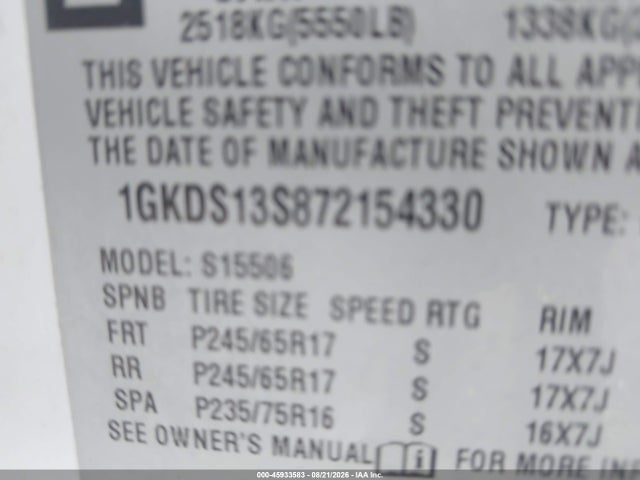Aukcja sprzedaży 2007 Gmc Envoy Sle, vin: 1GKDS13S872154330, numer aukcji: 45933583