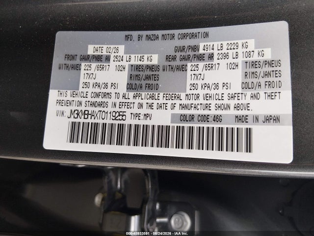 Aukcja sprzedaży 2026 Mazda Cx-5 2.5 S Select, vin: JM3KMBHAXT0119255, numer aukcji: 45933591