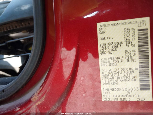 2014 Nissan Titan Sv მანქანა იყიდება აუქციონზე, vin: 1N6BA0EC0EN506833, აუქციონის ნომერი: 45933595