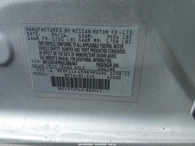 45933596 :رقم المزاد ، 3N1CN7AP6GL885467 vin ، 2016 Nissan Versa 1.6 Sv مزاد بيع