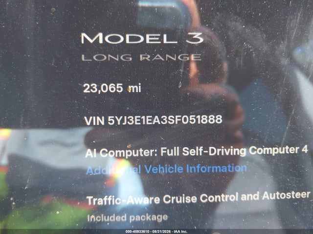 45933610 :رقم المزاد ، 5YJ3E1EA3SF051888 vin ، 2025 Tesla Model 3 Long Range Rear-wheel Drive/standard Rear-wheel Drive مزاد بيع