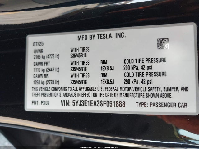 45933610 :رقم المزاد ، 5YJ3E1EA3SF051888 vin ، 2025 Tesla Model 3 Long Range Rear-wheel Drive/standard Rear-wheel Drive مزاد بيع