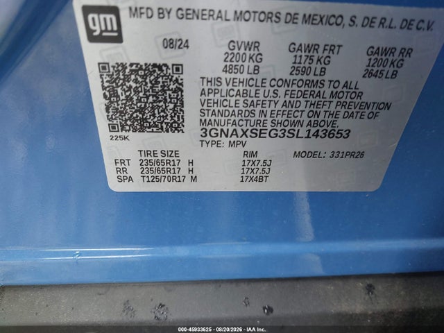 Aukcja sprzedaży 2025 Chevrolet Equinox Awd Activ, vin: 3GNAXSEG3SL143653, numer aukcji: 45933625