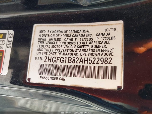 Продажа на аукционе авто 2010 Honda Civic Ex, vin: 2HGFG1B82AH522982, номер лота: 45933634