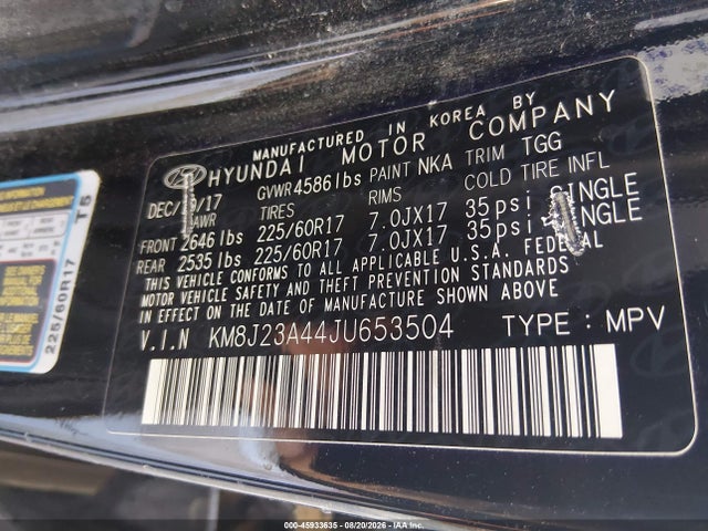 Aukcja sprzedaży 2018 Hyundai Tucson Se, vin: KM8J23A44JU653504, numer aukcji: 45933635