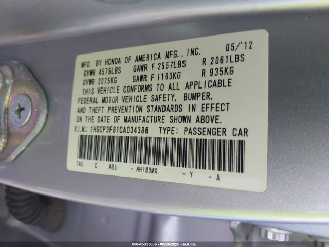 45933636 :رقم المزاد ، 1HGCP3F81CA034388 vin ، 2012 Honda Accord 3.5 Ex-l مزاد بيع