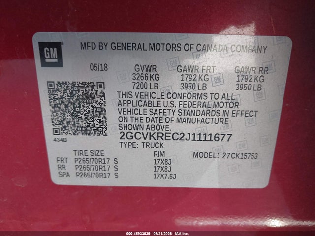 Продаж на аукціоні авто 2018 Chevrolet Silverado 1500 1lt, vin: 2GCVKREC2J1111677, номер лоту: 45933639