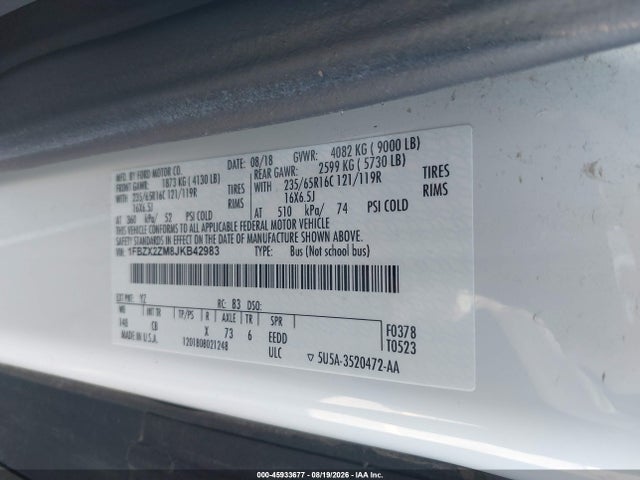 Ford Transit-350 Xl 2018 1FBZX2ZM8JKB42983 Image 9