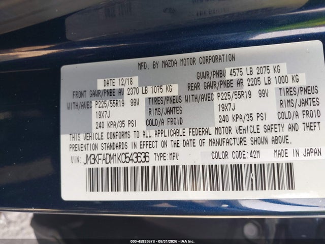 Aukcja sprzedaży 2019 Mazda Cx-5 Grand Touring, vin: JM3KFADM1K0543636, numer aukcji: 45933678