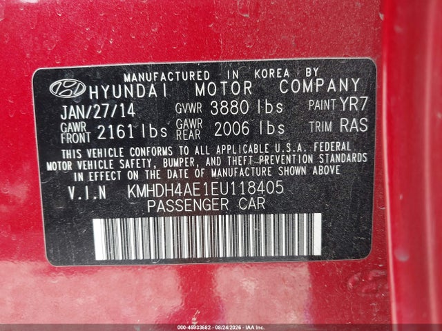 2014 Hyundai Elantra Se მანქანა იყიდება აუქციონზე, vin: KMHDH4AE1EU118405, აუქციონის ნომერი: 45933682