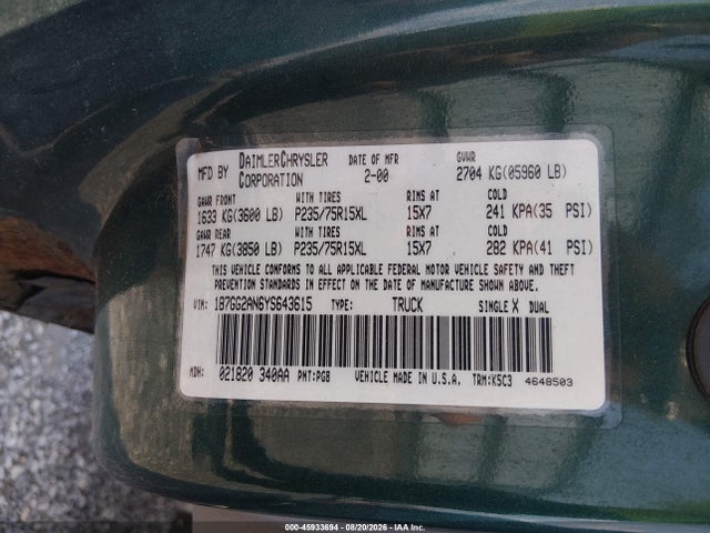 Aukcja sprzedaży 2000 Dodge Dakota Slt/sport, vin: 1B7GG2AN6YS643615, numer aukcji: 45933694