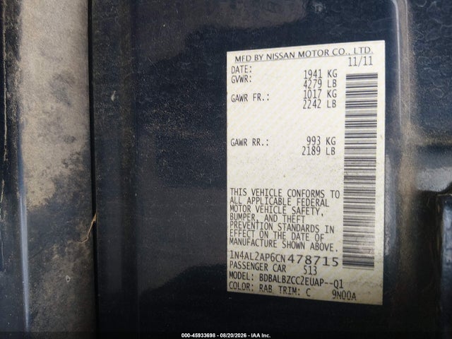 Продаж на аукціоні авто 2012 Nissan Altima 2.5 S, vin: 1N4AL2AP6CN478715, номер лоту: 45933698