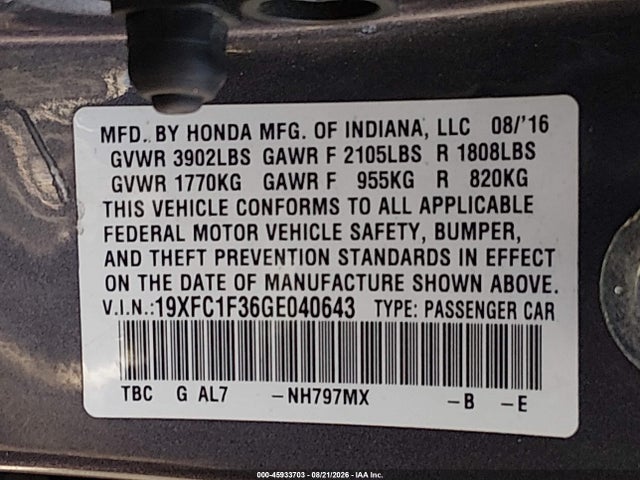 19XFC1F36GE040643 Honda Civic Ex-t