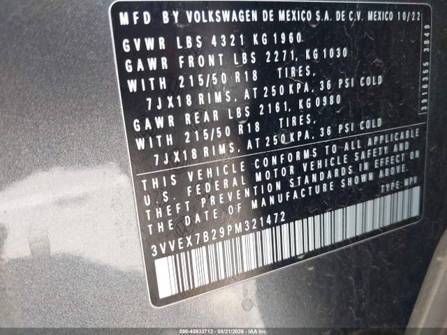 3VVEX7B29PM321472 Volkswagen Taos 1.5t Se