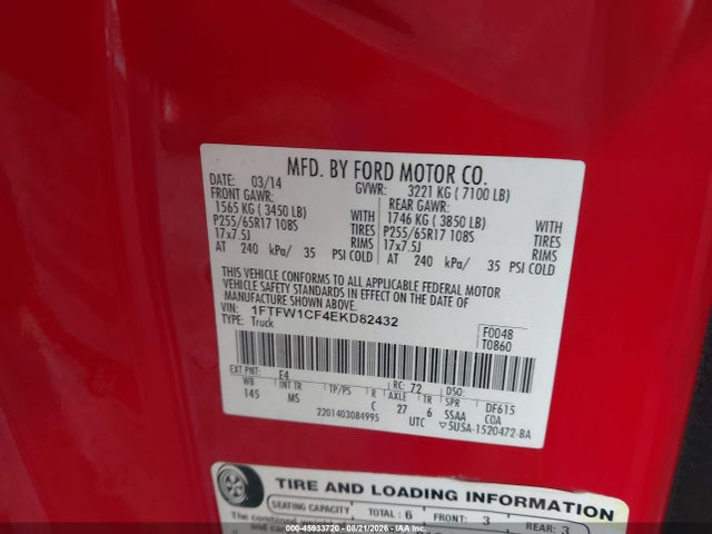 45933720 :رقم المزاد ، 1FTFW1CF4EKD82432 vin ، 2014 Ford F-150 Xlt مزاد بيع