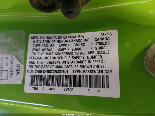 Продаж на аукціоні авто 2016 Honda Civic Lx-p, vin: 2HGFC4B02GH300104, номер лоту: 45933723