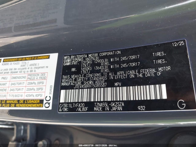 45933739 :رقم المزاد ، JTEVA5BRXT5085587 vin ، 2026 Toyota 4runner Sr5 مزاد بيع