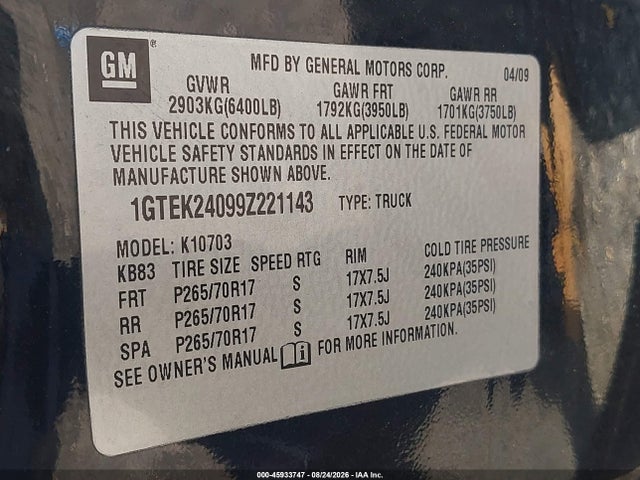 Aukcja sprzedaży 2009 Gmc Sierra 1500 Sle, vin: 1GTEK24099Z221143, numer aukcji: 45933747