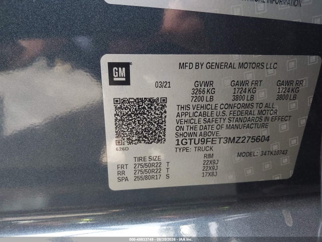 1GTU9FET3MZ275604 GMC Sierra 1500 4wd Standard Box Denali