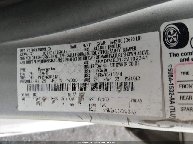 45933753 :رقم المزاد ، 3FADP4EJ1CM102341 vin ، 2012 Ford Fiesta Se مزاد بيع