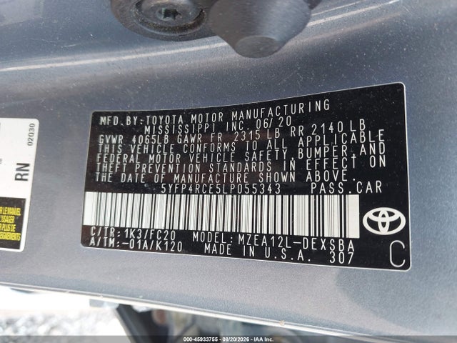 Продаж на аукціоні авто 2020 Toyota Corolla Se, vin: 5YFP4RCE5LP055343, номер лоту: 45933755