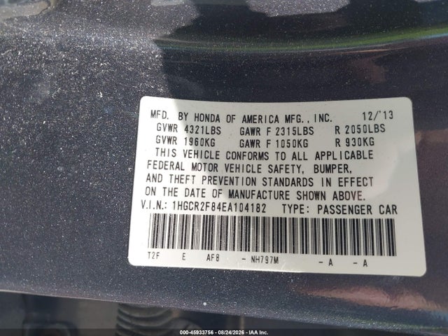 2014 Honda Accord Ex-l მანქანა იყიდება აუქციონზე, vin: 1HGCR2F84EA104182, აუქციონის ნომერი: 45933756