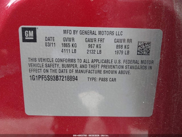 Aukcja sprzedaży 2011 Chevrolet Cruze 1lt, vin: 1G1PF5S93B7218894, numer aukcji: 45933760